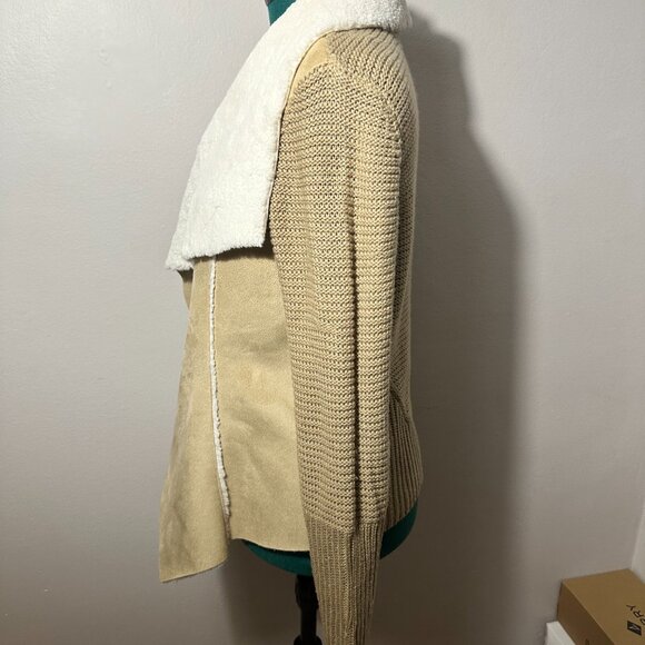 Medium Knox Rose Open Front Faux Suede Shearling Tan Cardigan Sweater Jacket - Picture 3 of 7